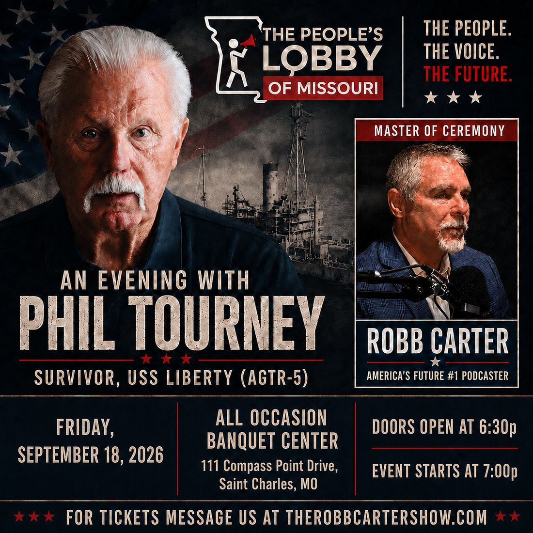 Event flyer for An Evening with Phil Tourney, with Robb Carter as master of ceremony
