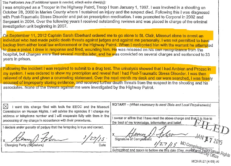 Henry Folsom’s January 2015 sworn discrimination complaint alleges he was ordered to arrest Jeff Weinhaus alone without backup. Highlighted passages also state that Folsom drew his weapon in response to Weinhaus and that a subsequent drug test detected Ambien and Prozac in his system. Henry Folsom’s January 2015 sworn discrimination complaint alleges he was ordered to arrest Jeff Weinhaus alone without backup. Highlighted passages also state that Folsom drew his weapon in response to Weinhaus and that a subsequent drug test detected Ambien and Prozac in his system.
