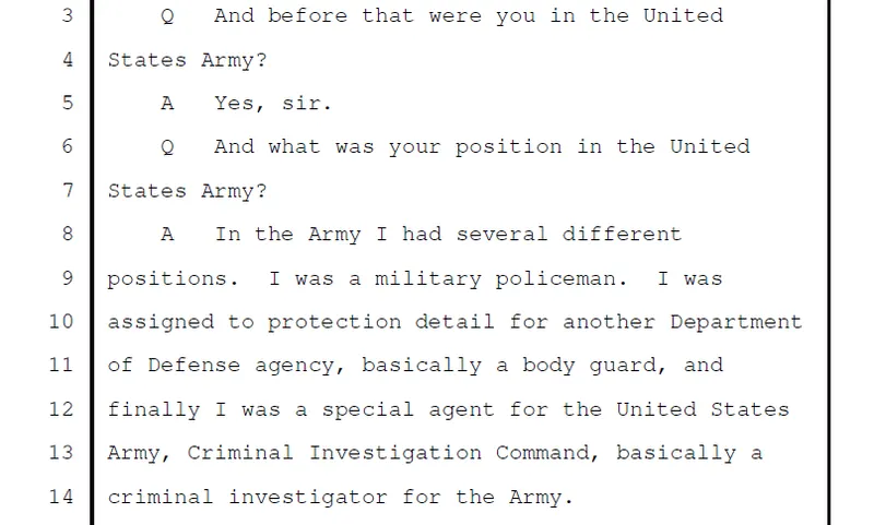 During Jeff Weinhaus's trial, Sgt. Henry Folsom testified about three roles he held in the U.S. Army, including a protection detail for an unnamed Department of Defense agency. His military service records would later raise questions about portions of that testimony. Excerpt from Jeff Weinhaus trial testimony in which Missouri State Highway Patrol Sgt. Henry Folsom describes serving as an Army military policeman, a bodyguard for another Department of Defense agency, and an Army CID special agent.