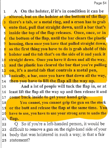 Highlighted page 54 of Henry Folsom’s trial testimony describing the multiple steps required to open a military flap holster and draw a pistol, including releasing the securing tab, lifting the flap, and gripping the weapon. Highlighted page 54 of Henry Folsom’s trial testimony describing the multiple steps required to open a military flap holster and draw a pistol, including releasing the securing tab, lifting the flap, and gripping the weapon.