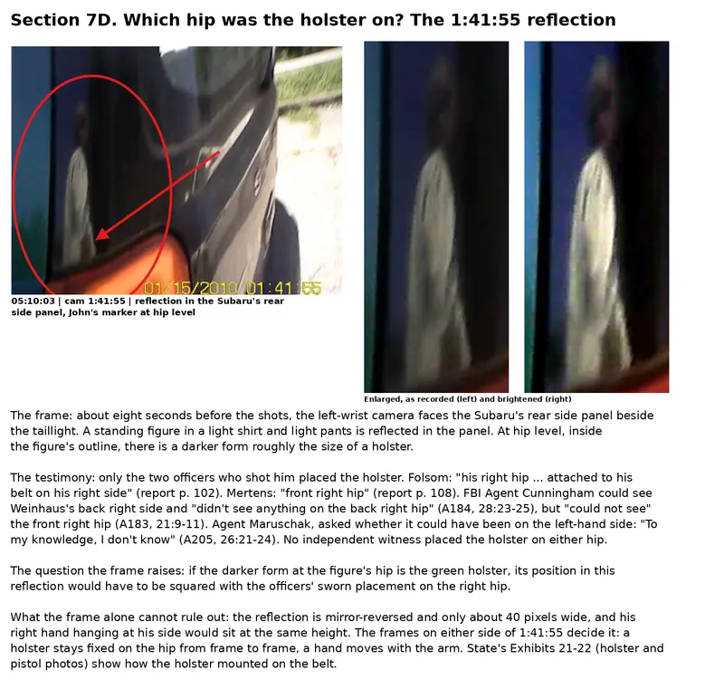 A watch camera frame showing Jeff Weinhaus’s reflection in a Subaru’s rear side panel, alongside two enlarged views, one brightened. A red circle and arrow highlight a dark, holster-sized shape near his left hip, raising questions about testimony placing the holster on his right hip. A watch camera frame showing Jeff Weinhaus’s reflection in a Subaru’s rear side panel, alongside two enlarged views, one brightened. A red circle and arrow highlight a dark, holster-sized shape near his left hip, raising questions about testimony placing the holster on his right hip.