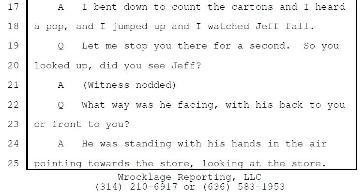Excerpt from Trial Transcript Trial transcript excerpt in which a civilian witness says she heard a pop, looked up, and saw Jeffrey Weinhaus falling with his hands in the air, pointing toward the store.