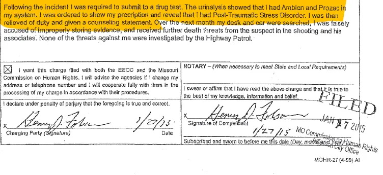 Highlighted excerpt from Henry Folsom’s January 2015 sworn complaint stating that a urinalysis following the September 11, 2012 shooting revealed Ambien and Prozac in his system. Neither medication was mentioned when Folsom was questioned about medication during his June 2013 deposition. Highlighted excerpt from Henry Folsom’s January 2015 sworn complaint stating that a urinalysis following the September 11, 2012 shooting revealed Ambien and Prozac in his system. Neither medication was mentioned when Folsom was questioned about medication during his June 2013 deposition.