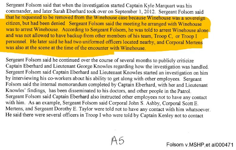 Highlighted excerpt from a 2014 Missouri State Highway Patrol investigation showing Sgt. Henry Folsom initially claimed he was ordered to arrest Jeff Weinhaus alone without backup, then acknowledged two uniformed officers were nearby and Cpl. Scott Mertens was at the scene. Highlighted excerpt from a 2014 Missouri State Highway Patrol investigation showing Sgt. Henry Folsom initially claimed he was ordered to arrest Jeff Weinhaus alone without backup, then acknowledged two uniformed officers were nearby and Cpl. Scott Mertens was at the scene.